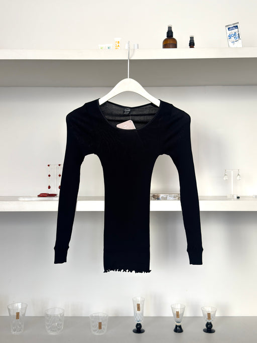 Round Neck Longsleeves Shirt In Wool And Silk, Black | Tangerine NYC