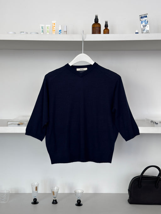 Elbow V-Neck Sweater, Navy | Tangerine NYC
