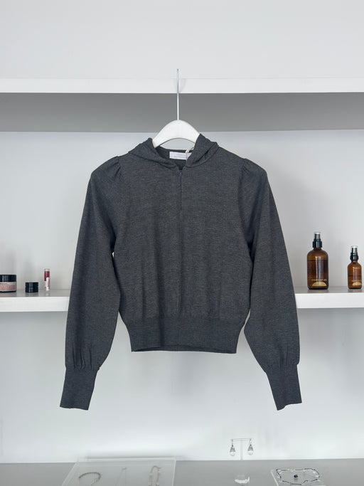 Amomento Shirring Half Zip Up Knit Hoodie, Grey | Tangerine NYC