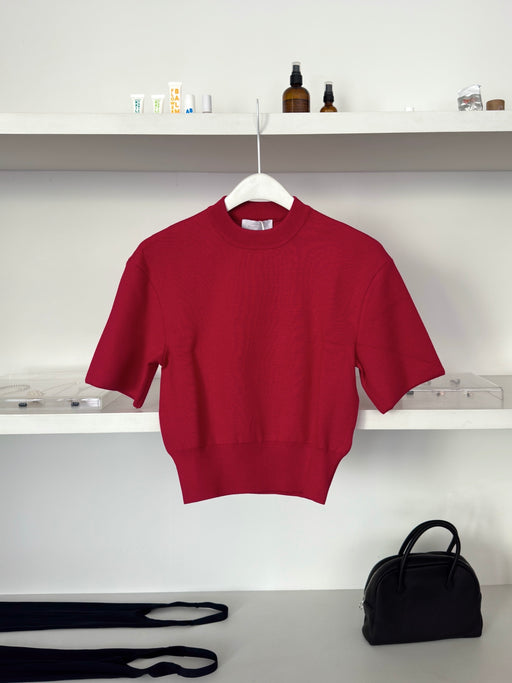 Amomento Rounded Half Knit Top, Red | Tangerine NYC