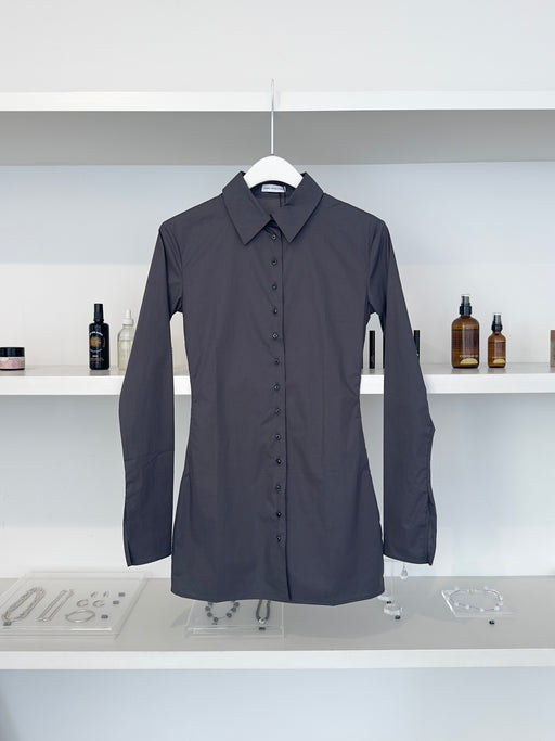 Cotton Poplin Fitted Cuffless Shirt, Souris