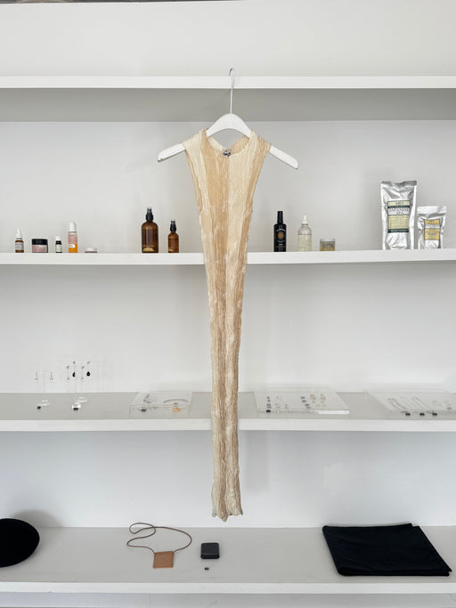 Azur Plissé Silk Striped Long Dress, Off White / White | Tangerine NYC